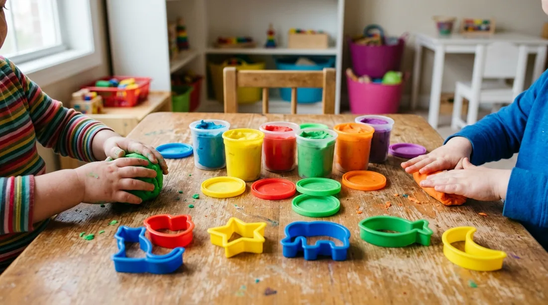 Kinderhände formen bunte Knete an einem Tisch, daneben offene Knetdosen und Ausstechformen